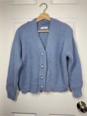 90s Powder Blue Fuzzy Pearl-Button Faux Cashmere Cardigan